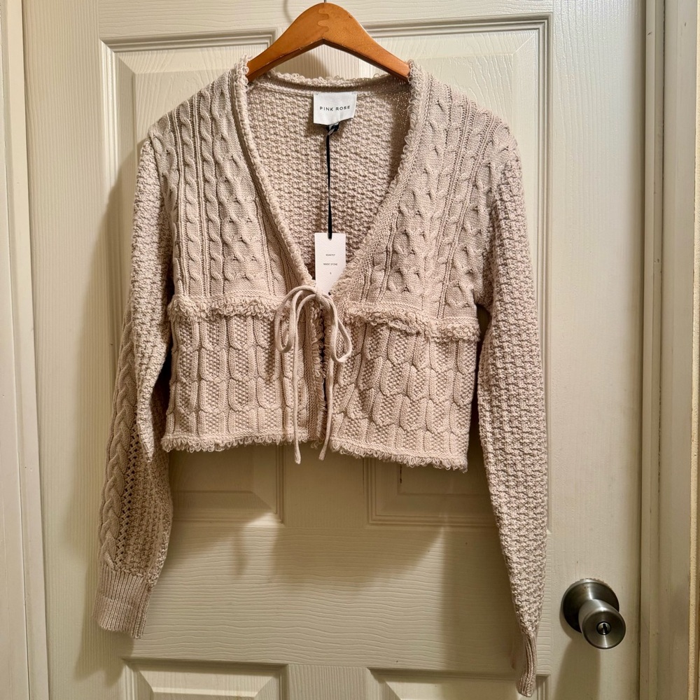 NWT - Beige Cable Knit Tie-Front Cardigan - Size Small - Pink Rose